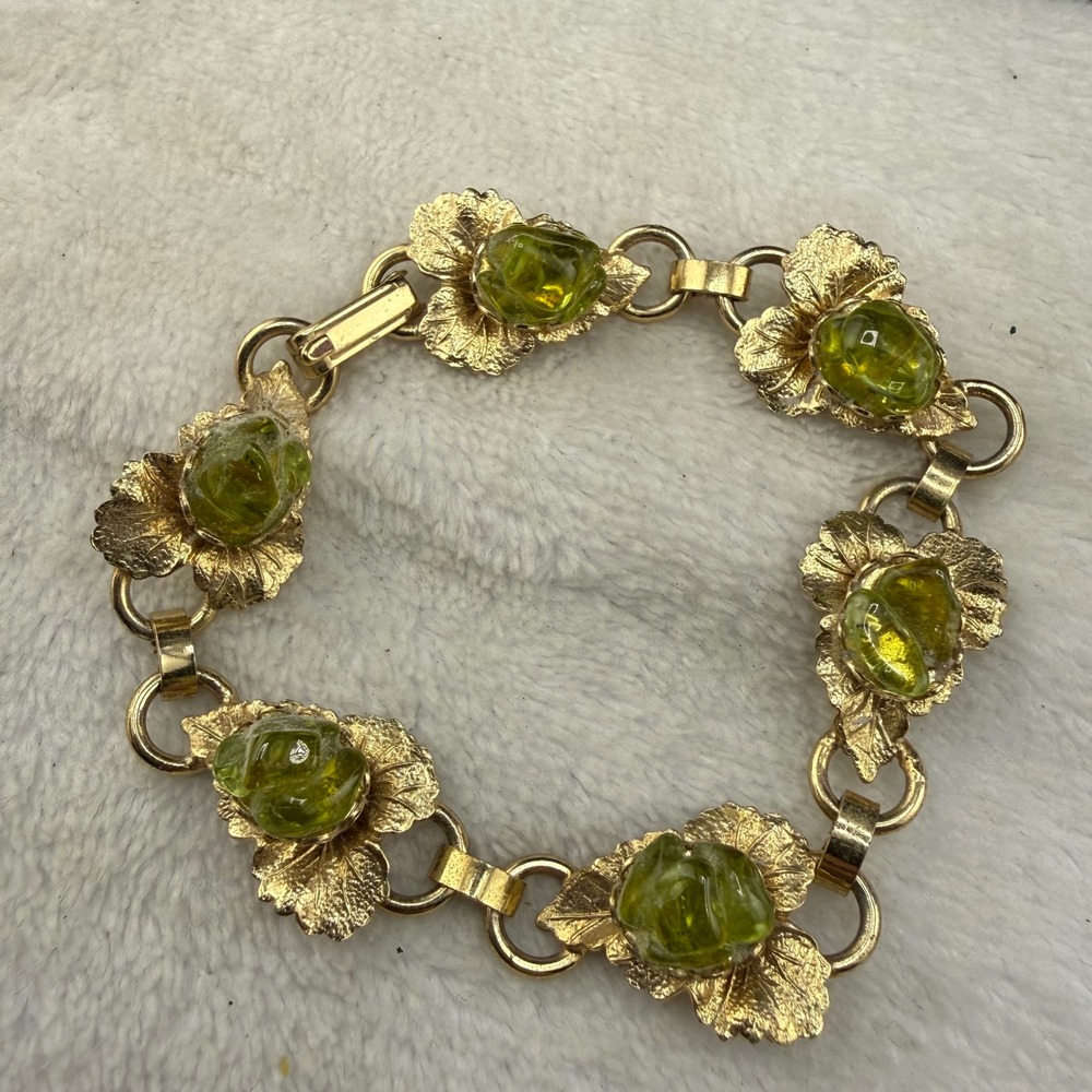 Vintage Bracelet Gold Green Glass Rose Leaf Link 6.5" - Picture 4 of 8